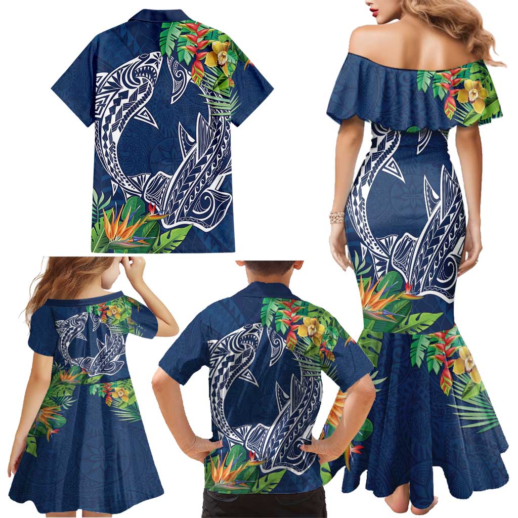 Polynesia Family Matching Mermaid Dress and Hawaiian Shirt Sharks Duo Tropical Navy LT7 - Polynesian Pride
