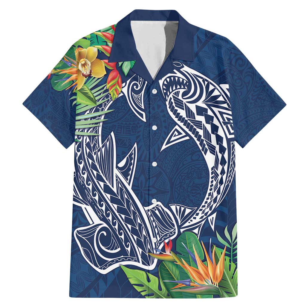 Polynesia Family Matching Mermaid Dress and Hawaiian Shirt Sharks Duo Tropical Navy LT7 Dad's Shirt - Short Sleeve Navy - Polynesian Pride