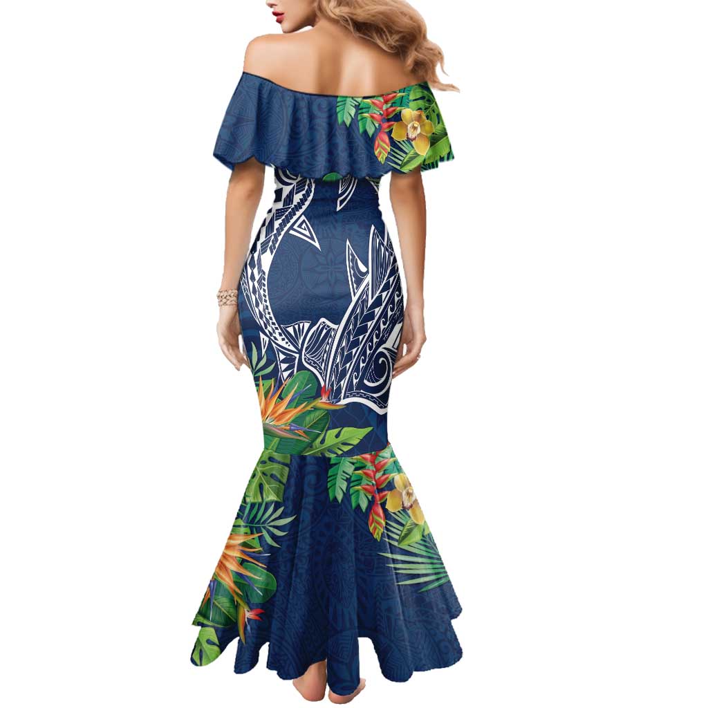 Polynesia Family Matching Mermaid Dress and Hawaiian Shirt Sharks Duo Tropical Navy LT7 - Polynesian Pride