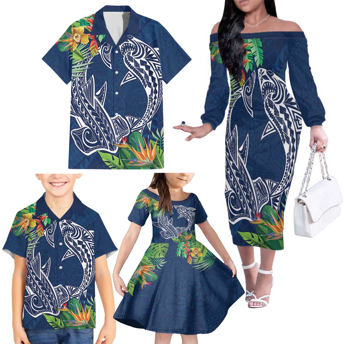 Polynesia Family Matching Off The Shoulder Long Sleeve Dress and Hawaiian Shirt Sharks Duo Tropical Navy LT7 - Polynesian Pride