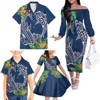 Polynesia Family Matching Off The Shoulder Long Sleeve Dress and Hawaiian Shirt Sharks Duo Tropical Navy LT7 - Polynesian Pride