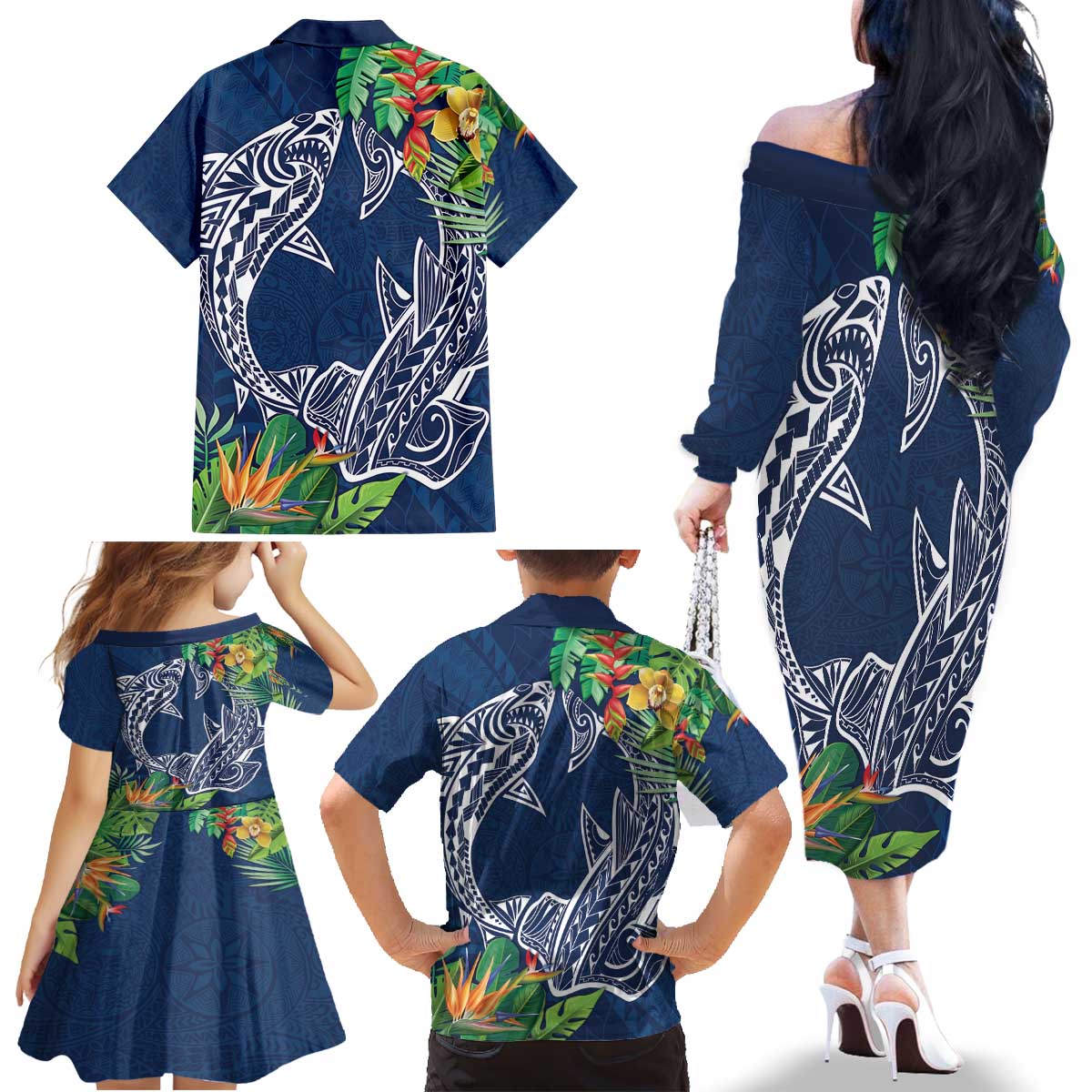 Polynesia Family Matching Off The Shoulder Long Sleeve Dress and Hawaiian Shirt Sharks Duo Tropical Navy LT7 - Polynesian Pride