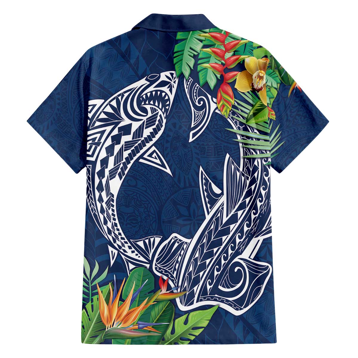 Polynesia Family Matching Off The Shoulder Long Sleeve Dress and Hawaiian Shirt Sharks Duo Tropical Navy LT7 - Polynesian Pride