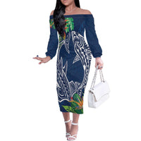 Polynesia Family Matching Off The Shoulder Long Sleeve Dress and Hawaiian Shirt Sharks Duo Tropical Navy LT7 Mom's Dress Navy - Polynesian Pride