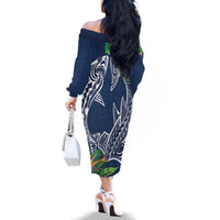 Polynesia Family Matching Off The Shoulder Long Sleeve Dress and Hawaiian Shirt Sharks Duo Tropical Navy LT7 - Polynesian Pride