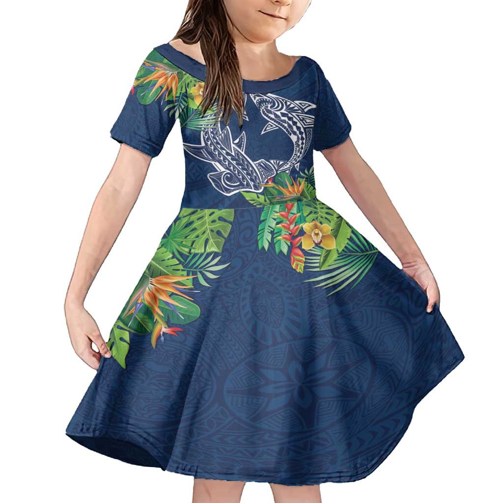 Polynesia Family Matching Off Shoulder Maxi Dress and Hawaiian Shirt Sharks Duo Tropical Navy LT7 Daughter's Dress Navy - Polynesian Pride