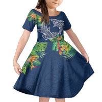 Polynesia Family Matching Off Shoulder Maxi Dress and Hawaiian Shirt Sharks Duo Tropical Navy LT7 Daughter's Dress Navy - Polynesian Pride
