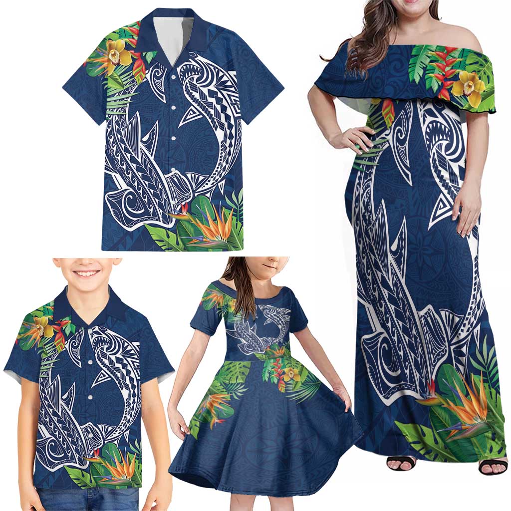 Polynesia Family Matching Off Shoulder Maxi Dress and Hawaiian Shirt Sharks Duo Tropical Navy LT7 - Polynesian Pride