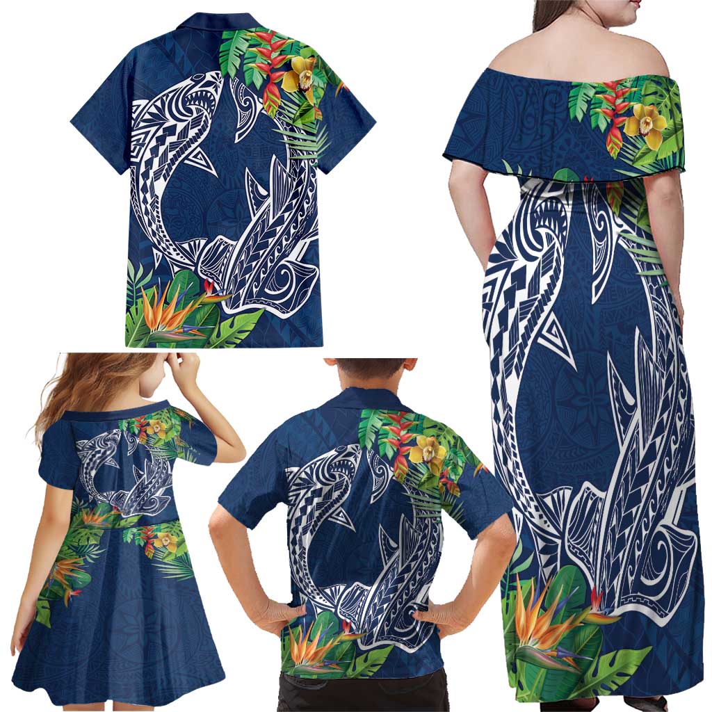 Polynesia Family Matching Off Shoulder Maxi Dress and Hawaiian Shirt Sharks Duo Tropical Navy LT7 - Polynesian Pride