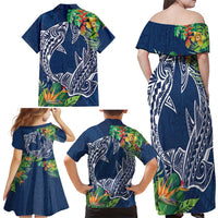 Polynesia Family Matching Off Shoulder Maxi Dress and Hawaiian Shirt Sharks Duo Tropical Navy LT7 - Polynesian Pride