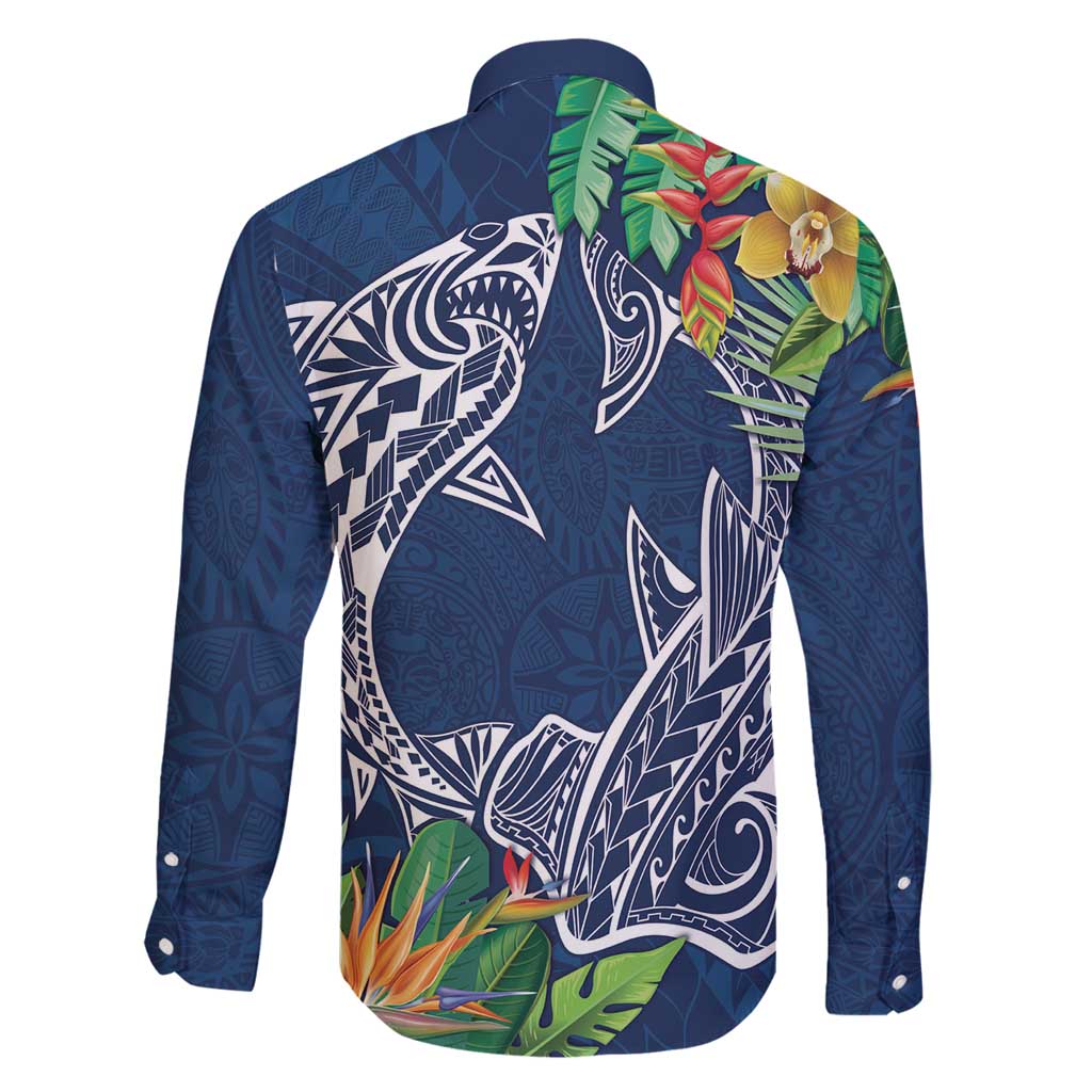 Polynesia Family Matching Off Shoulder Maxi Dress and Hawaiian Shirt Sharks Duo Tropical Navy LT7 - Polynesian Pride