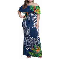 Polynesia Family Matching Off Shoulder Maxi Dress and Hawaiian Shirt Sharks Duo Tropical Navy LT7 Mom's Dress Navy - Polynesian Pride