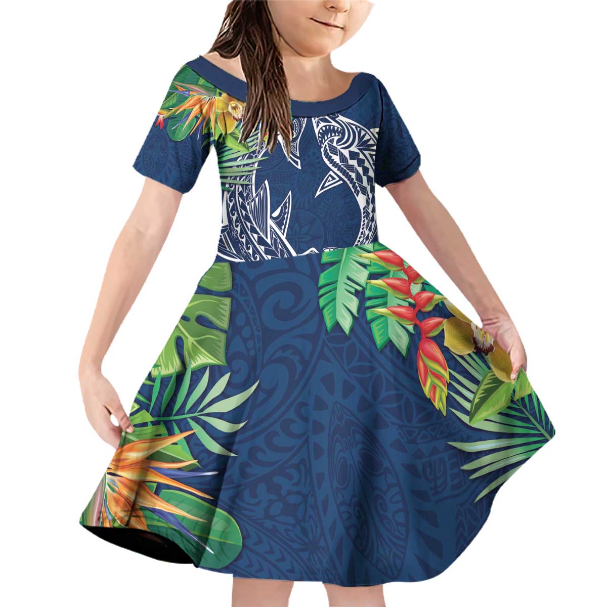 Polynesia Family Matching Off Shoulder Short Dress and Hawaiian Shirt Sharks Duo Tropical Navy LT7 Daughter's Dress Navy - Polynesian Pride