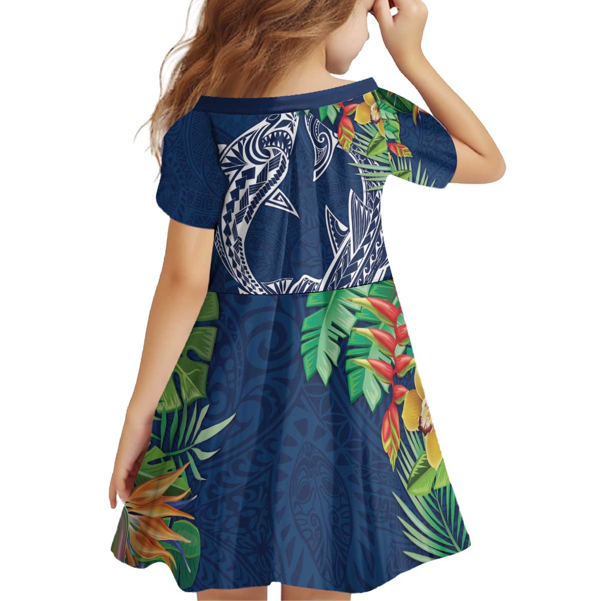 Polynesia Family Matching Off Shoulder Short Dress and Hawaiian Shirt Sharks Duo Tropical Navy LT7 - Polynesian Pride