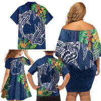 Polynesia Family Matching Off Shoulder Short Dress and Hawaiian Shirt Sharks Duo Tropical Navy LT7 - Polynesian Pride