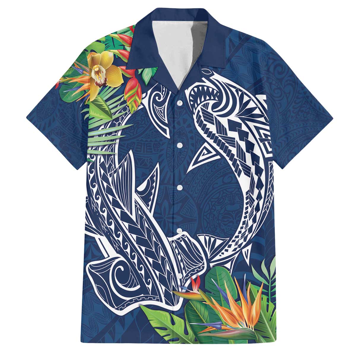 Polynesia Family Matching Off Shoulder Short Dress and Hawaiian Shirt Sharks Duo Tropical Navy LT7 Dad's Shirt - Short Sleeve Navy - Polynesian Pride