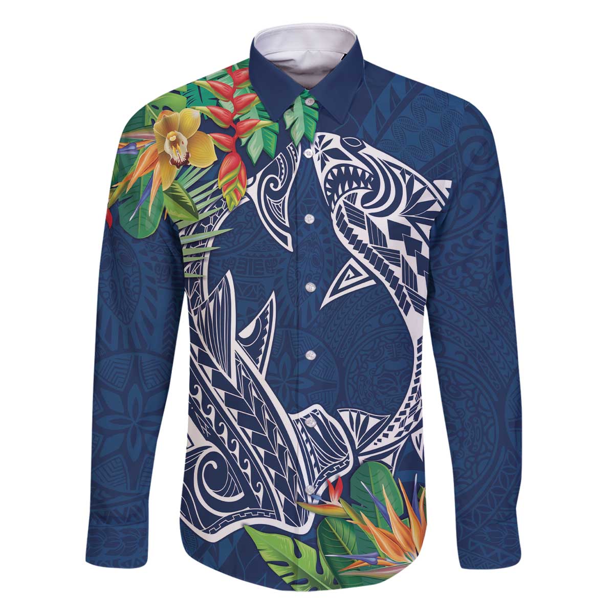 Polynesia Family Matching Off Shoulder Short Dress and Hawaiian Shirt Sharks Duo Tropical Navy LT7 Dad's Shirt - Long Sleeve Navy - Polynesian Pride