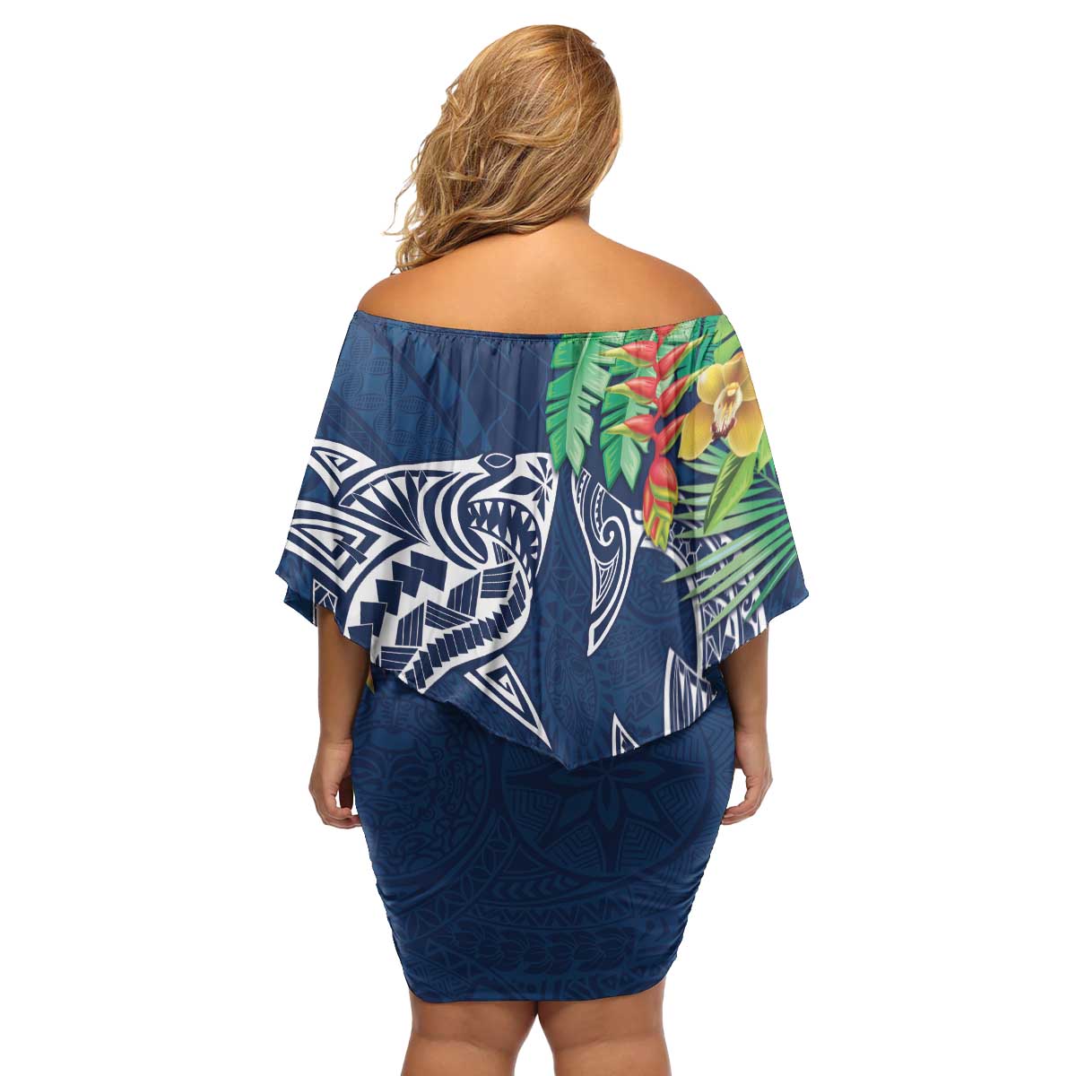 Polynesia Family Matching Off Shoulder Short Dress and Hawaiian Shirt Sharks Duo Tropical Navy LT7 - Polynesian Pride