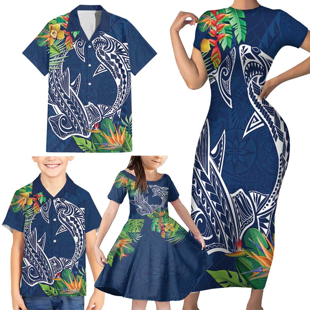 Polynesia Family Matching Short Sleeve Bodycon Dress and Hawaiian Shirt Sharks Duo Tropical Navy LT7 - Polynesian Pride