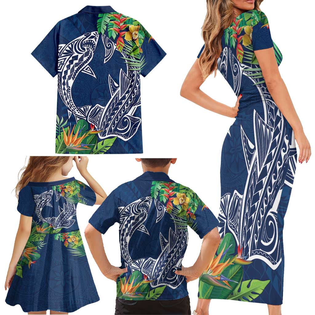 Polynesia Family Matching Short Sleeve Bodycon Dress and Hawaiian Shirt Sharks Duo Tropical Navy LT7 - Polynesian Pride