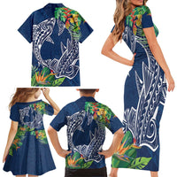 Polynesia Family Matching Short Sleeve Bodycon Dress and Hawaiian Shirt Sharks Duo Tropical Navy LT7 - Polynesian Pride