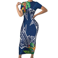 Polynesia Family Matching Short Sleeve Bodycon Dress and Hawaiian Shirt Sharks Duo Tropical Navy LT7 Mom's Dress Navy - Polynesian Pride