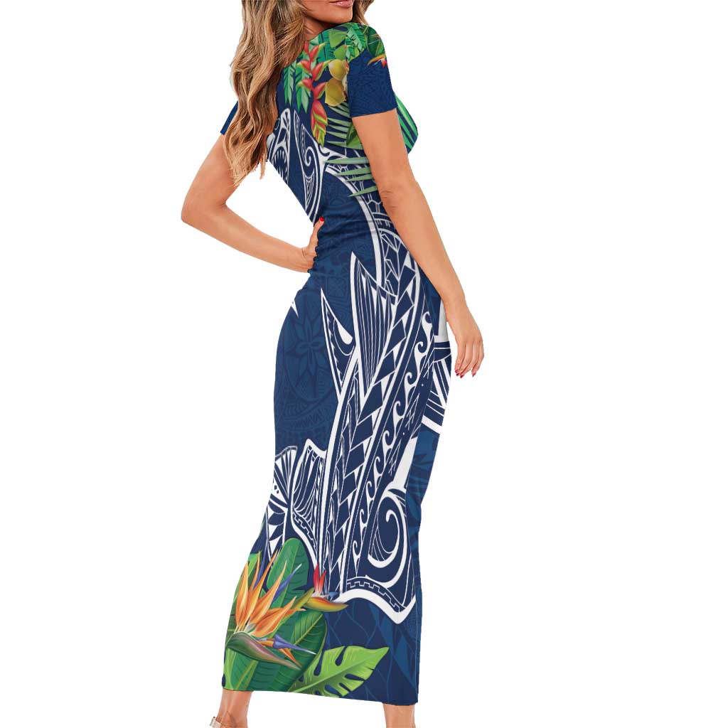 Polynesia Family Matching Short Sleeve Bodycon Dress and Hawaiian Shirt Sharks Duo Tropical Navy LT7 - Polynesian Pride