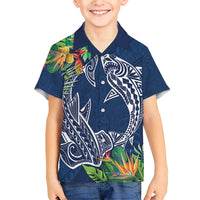 Polynesia Family Matching Short Sleeve Bodycon Dress and Hawaiian Shirt Sharks Duo Tropical Navy LT7 Son's Shirt Navy - Polynesian Pride