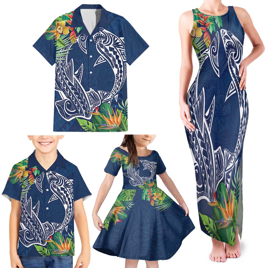 Polynesia Family Matching Tank Maxi Dress and Hawaiian Shirt Sharks Duo Tropical Navy LT7 - Polynesian Pride