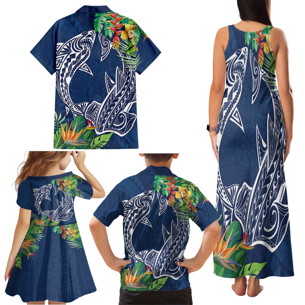 Polynesia Family Matching Tank Maxi Dress and Hawaiian Shirt Sharks Duo Tropical Navy LT7 - Polynesian Pride