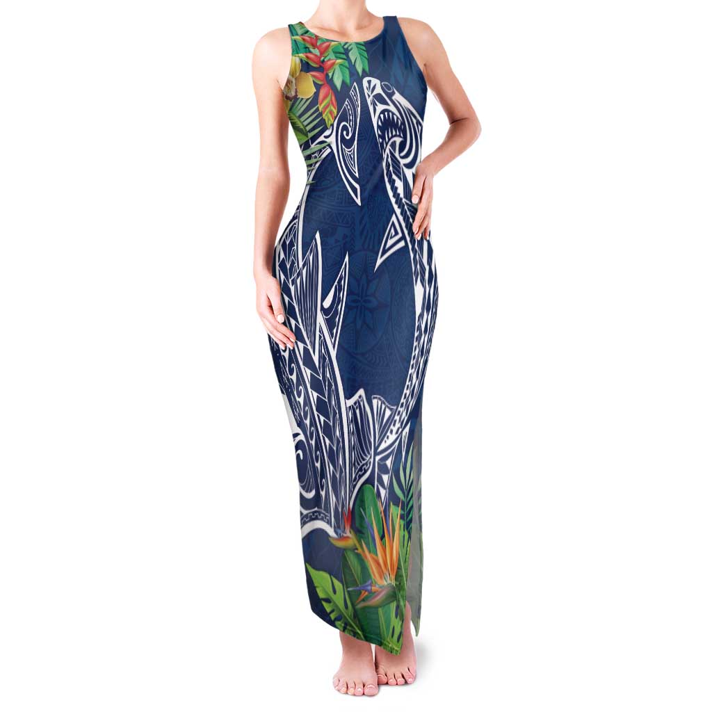 Polynesia Family Matching Tank Maxi Dress and Hawaiian Shirt Sharks Duo Tropical Navy LT7 Mom's Dress Navy - Polynesian Pride