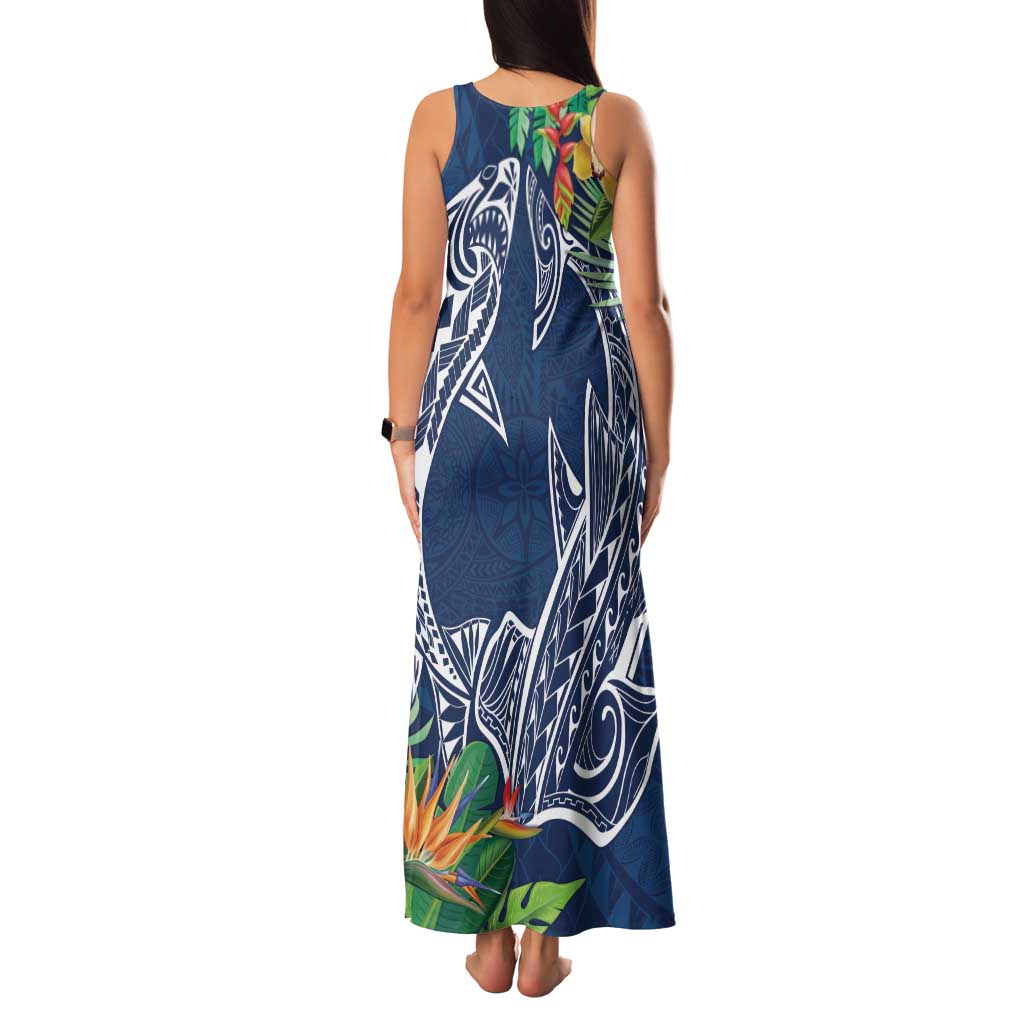 Polynesia Family Matching Tank Maxi Dress and Hawaiian Shirt Sharks Duo Tropical Navy LT7 - Polynesian Pride