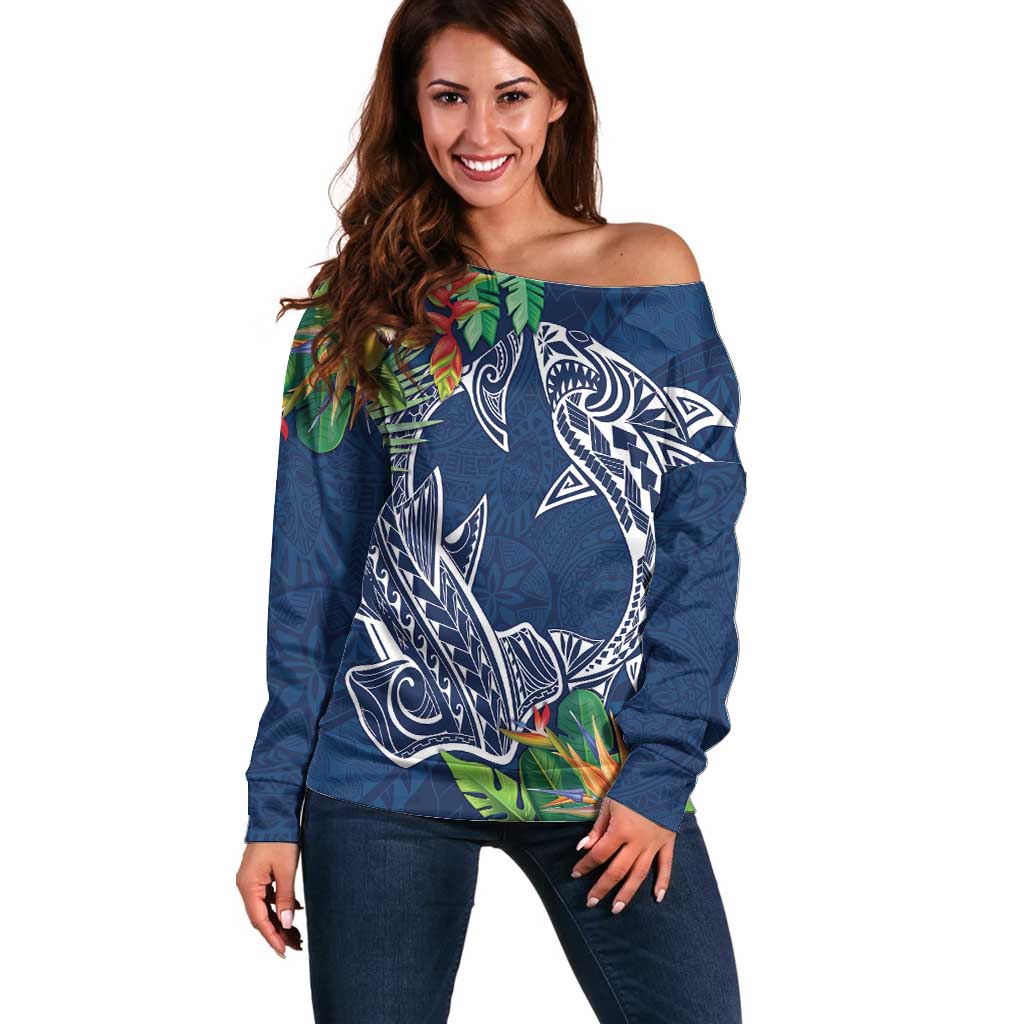 Polynesia Off Shoulder Sweater Sharks Duo Tropical Navy LT7 Women Navy - Polynesian Pride