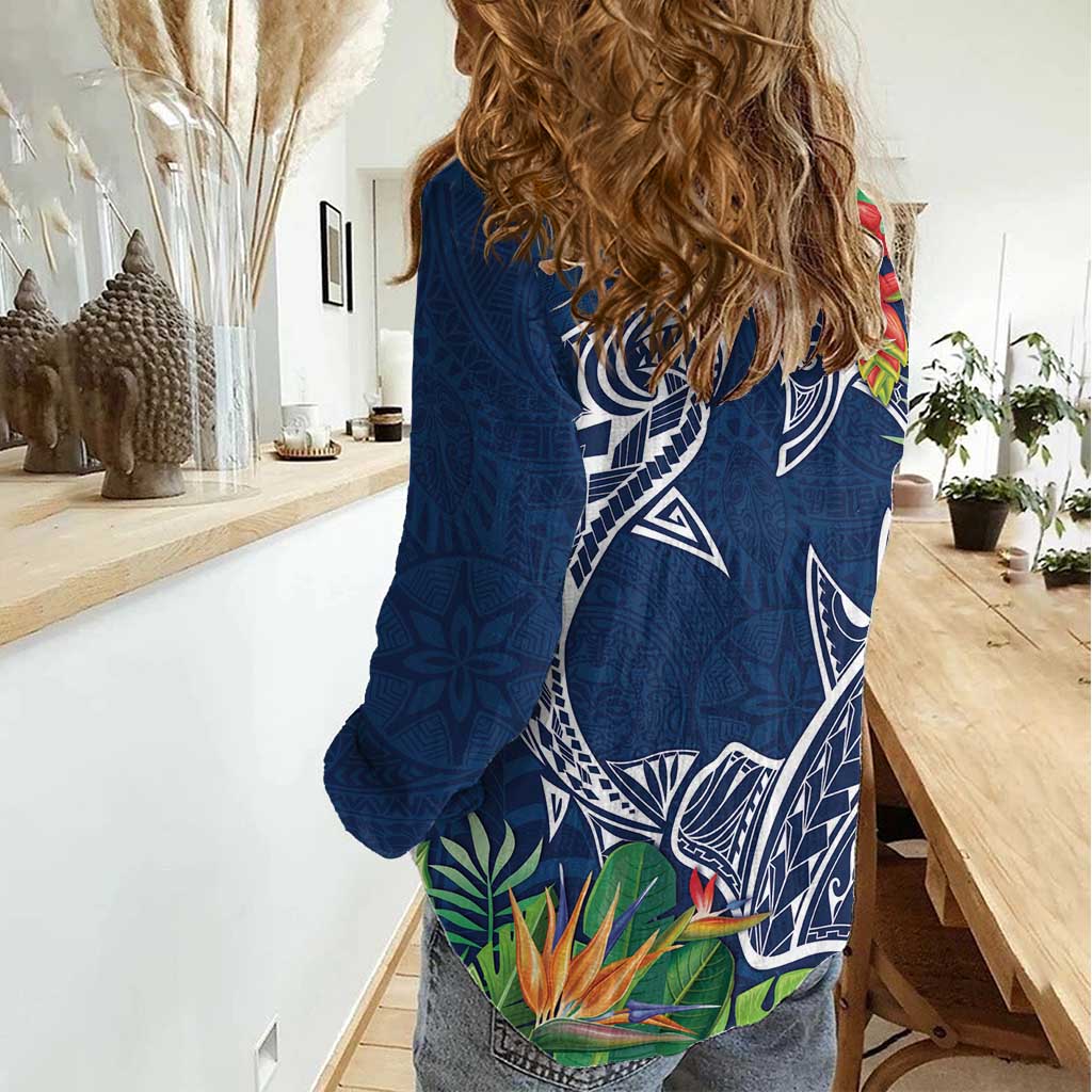 Polynesia Women Casual Shirt Sharks Duo Tropical Navy LT7 - Polynesian Pride