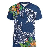 Polynesia Women V-Neck T-Shirt Sharks Duo Tropical Navy LT7 Female Navy - Polynesian Pride