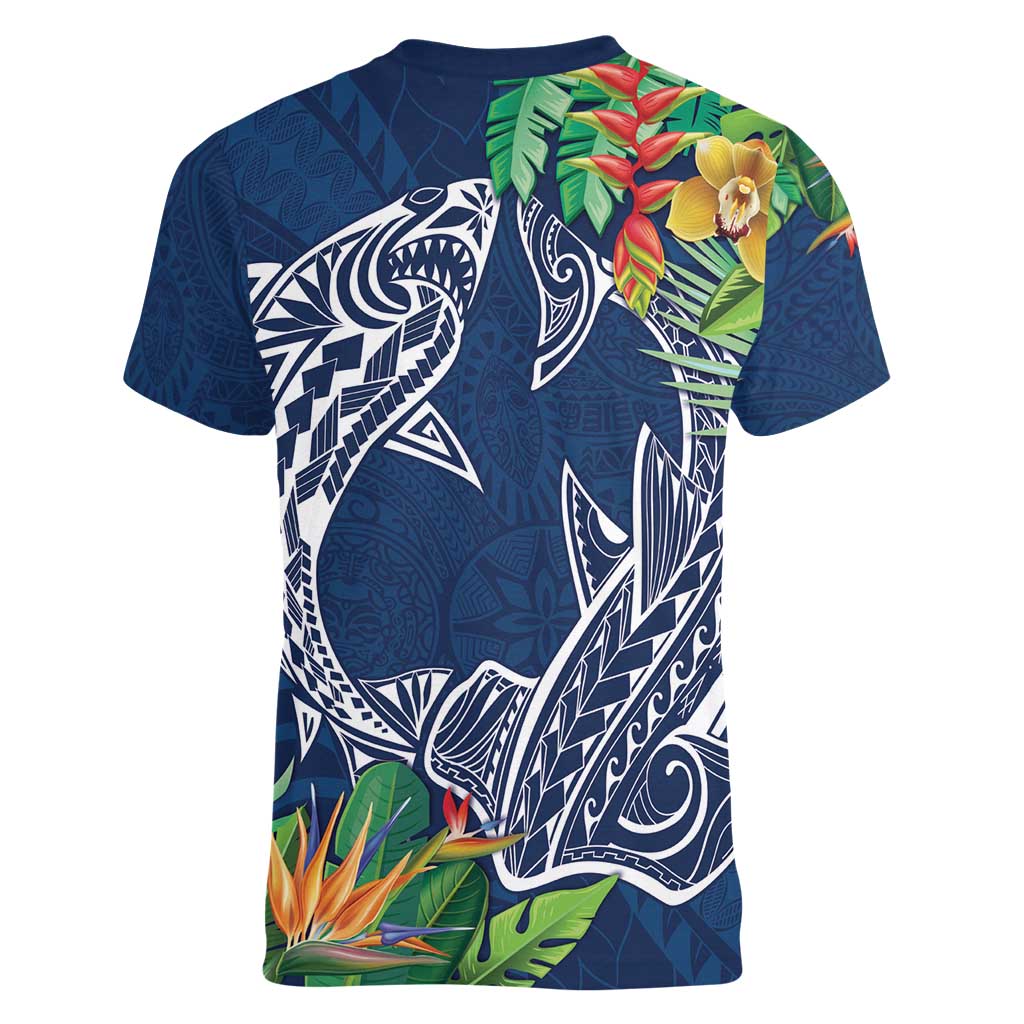 Polynesia Women V-Neck T-Shirt Sharks Duo Tropical Navy LT7 - Polynesian Pride