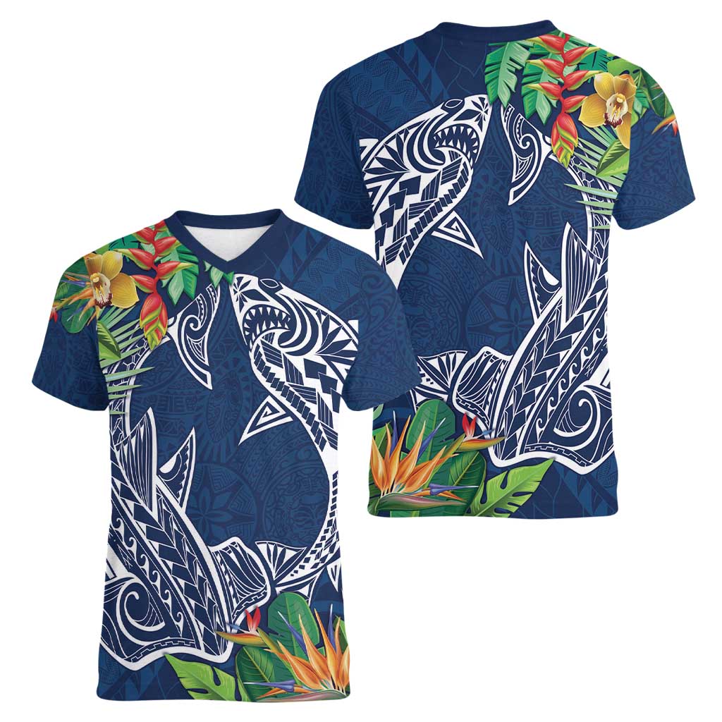 Polynesia Women V-Neck T-Shirt Sharks Duo Tropical Navy LT7 - Polynesian Pride