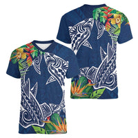 Polynesia Women V-Neck T-Shirt Sharks Duo Tropical Navy LT7 - Polynesian Pride