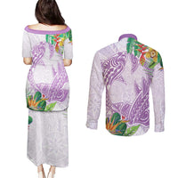 Polynesia Couples Matching Puletasi and Long Sleeve Button Shirt Sharks Duo Tropical Lavender LT7 - Polynesian Pride