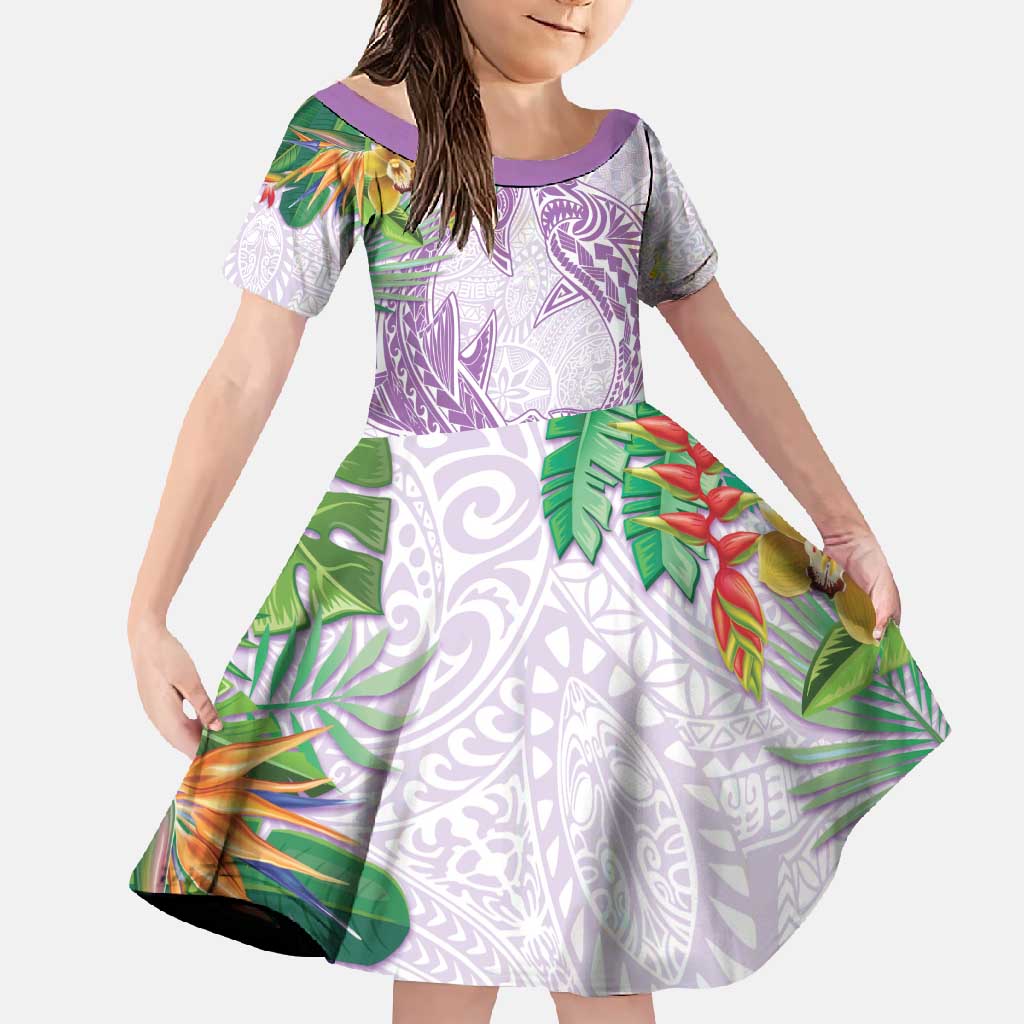 Polynesia Family Matching Long Sleeve Bodycon Dress and Hawaiian Shirt Sharks Duo Tropical Lavender LT7 Daughter's Dress Lavender - Polynesian Pride