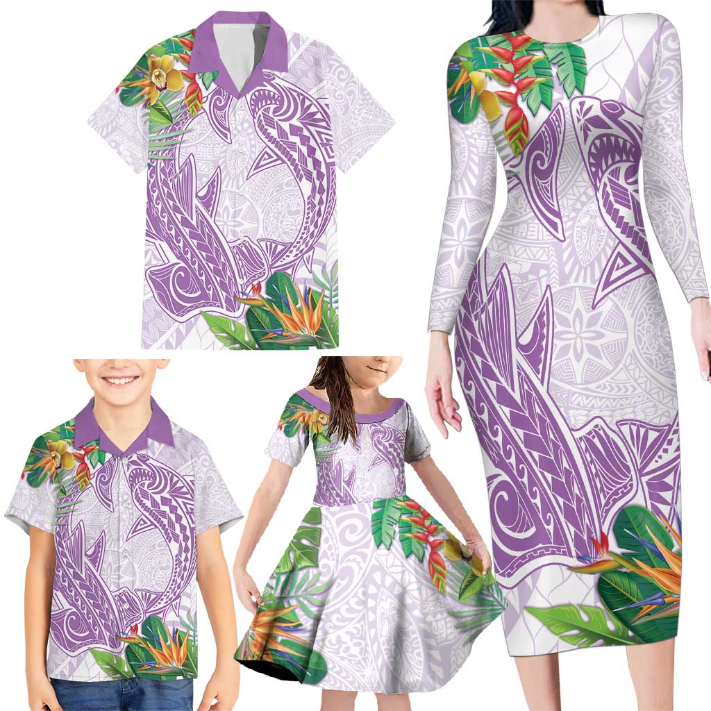 Polynesia Family Matching Long Sleeve Bodycon Dress and Hawaiian Shirt Sharks Duo Tropical Lavender LT7 - Polynesian Pride