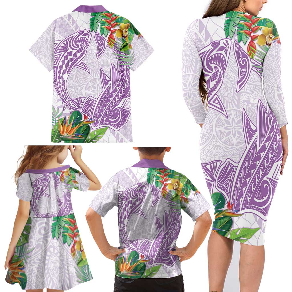 Polynesia Family Matching Long Sleeve Bodycon Dress and Hawaiian Shirt Sharks Duo Tropical Lavender LT7 - Polynesian Pride