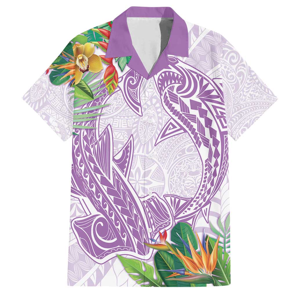 Polynesia Family Matching Long Sleeve Bodycon Dress and Hawaiian Shirt Sharks Duo Tropical Lavender LT7 Dad's Shirt - Short Sleeve Lavender - Polynesian Pride