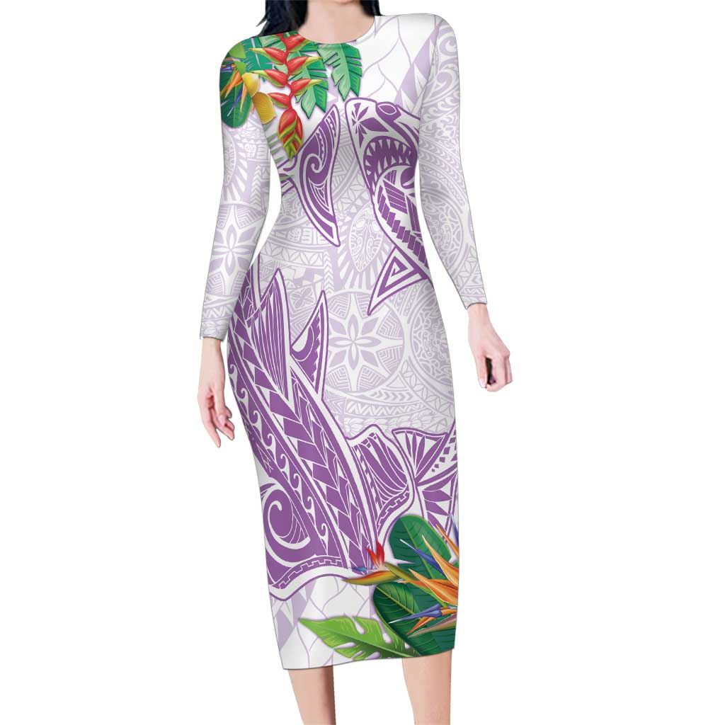 Polynesia Family Matching Long Sleeve Bodycon Dress and Hawaiian Shirt Sharks Duo Tropical Lavender LT7 Mom's Dress Lavender - Polynesian Pride