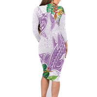 Polynesia Family Matching Long Sleeve Bodycon Dress and Hawaiian Shirt Sharks Duo Tropical Lavender LT7 - Polynesian Pride
