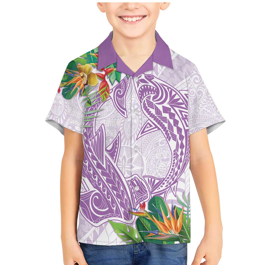 Polynesia Family Matching Mermaid Dress and Hawaiian Shirt Sharks Duo Tropical Lavender LT7 Son's Shirt Lavender - Polynesian Pride