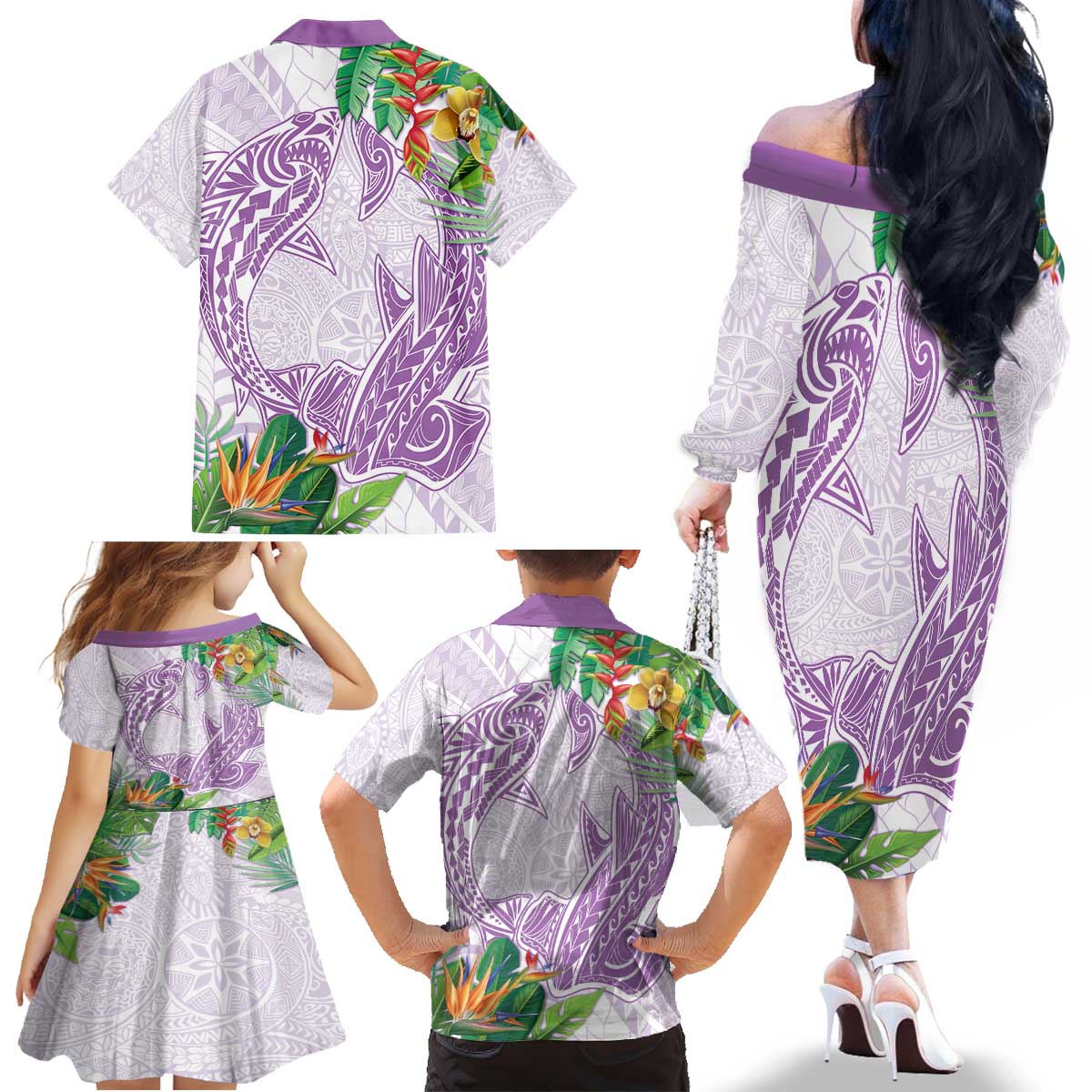Polynesia Family Matching Off The Shoulder Long Sleeve Dress and Hawaiian Shirt Sharks Duo Tropical Lavender LT7 - Polynesian Pride