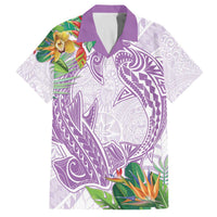 Polynesia Family Matching Off The Shoulder Long Sleeve Dress and Hawaiian Shirt Sharks Duo Tropical Lavender LT7 Dad's Shirt - Short Sleeve Lavender - Polynesian Pride