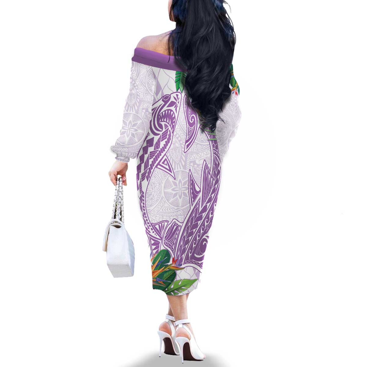 Polynesia Family Matching Off The Shoulder Long Sleeve Dress and Hawaiian Shirt Sharks Duo Tropical Lavender LT7 - Polynesian Pride