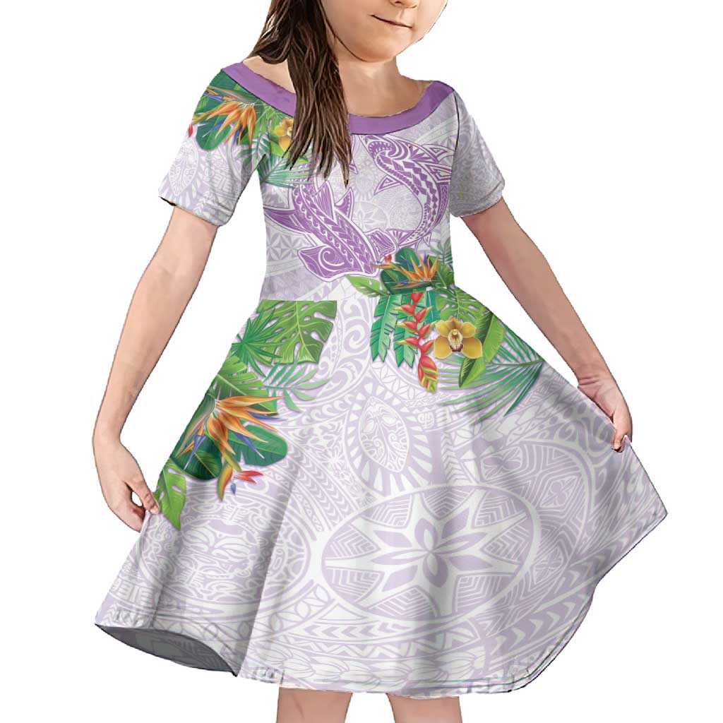 Polynesia Family Matching Off Shoulder Maxi Dress and Hawaiian Shirt Sharks Duo Tropical Lavender LT7 Daughter's Dress Lavender - Polynesian Pride